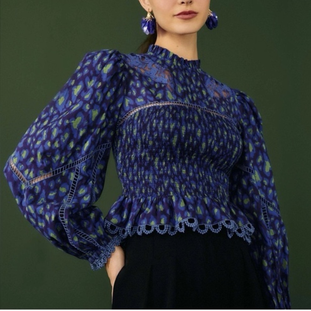 FARM Rio Blue and Green Smocked Peplum Blouse